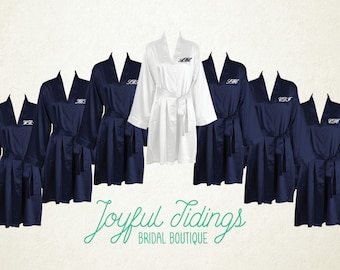 SALE Set of 7+ Personalized Navy Satin Kimono Robes, Bridesmaid’s Gift, Bridal Party Robes, Set of Bridesmaids Robe, Wedding Robe Gown