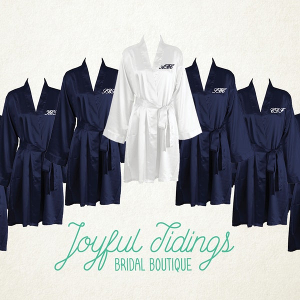 SALE Set of 7+ Personalized Navy Satin Kimono Robes, Bridesmaid’s Gift, Bridal Party Robes, Set of Bridesmaids Robe, Wedding Robe Gown