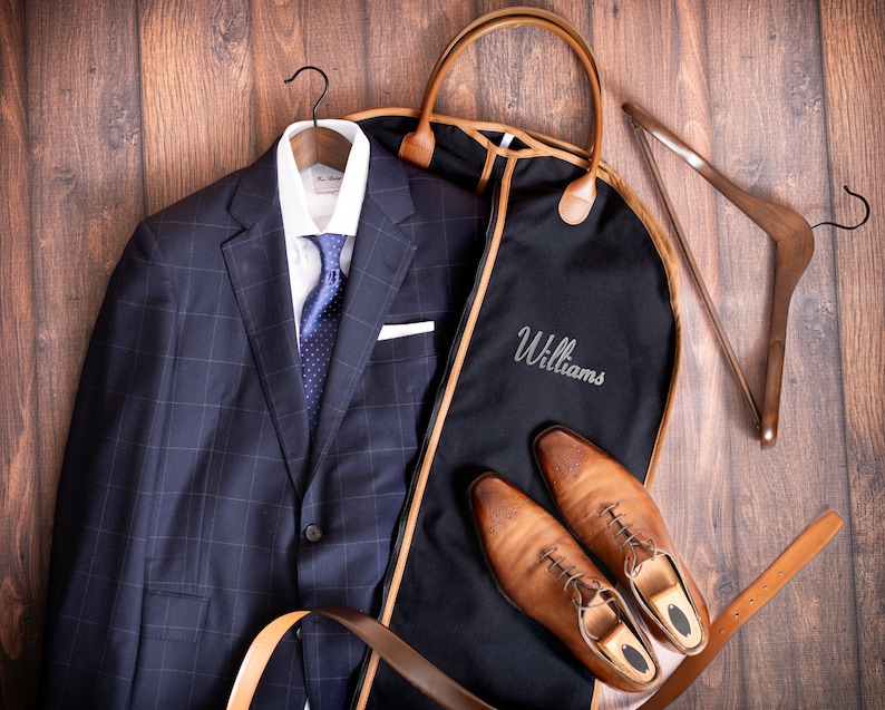 Groomsmen Gift Custom Name Suit Bag, Leather Handle Garment Bag, Gift for Groomsmen, Father of Groom, Canvas Suit Bag, Monogrammed Suit Bag bild 7