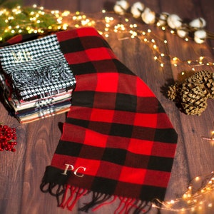 Personalized Plush Scarf, Personalized Holiday Gift for Her, Red Buffalo Plaid, Christmas Gift Scarf for Coworkers, Holiday Gift Shawl