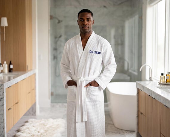 Personalized Men’s Waffle Robe, Groomsmen Gift, Monogram Best Man Robe, Wedding Party Gift, Cotton Blend 48"