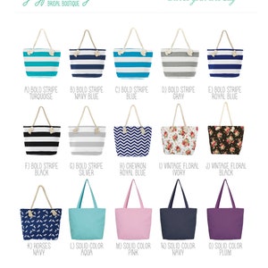 Puede incluir: Una selecci&oacute;n de 15 bolsas de mano diferentes con varios dise&ntilde;os y colores. Las bolsas est&aacute;n hechas de lona y tienen asas de cuerda. Los dise&ntilde;os incluyen rayas, patrones florales, patrones de chevron y colores s&oacute;lidos. Los colores incluyen turquesa, azul marino, gris, azul real, negro, plateado, marfil, aguamarina, rosa y ciruela.