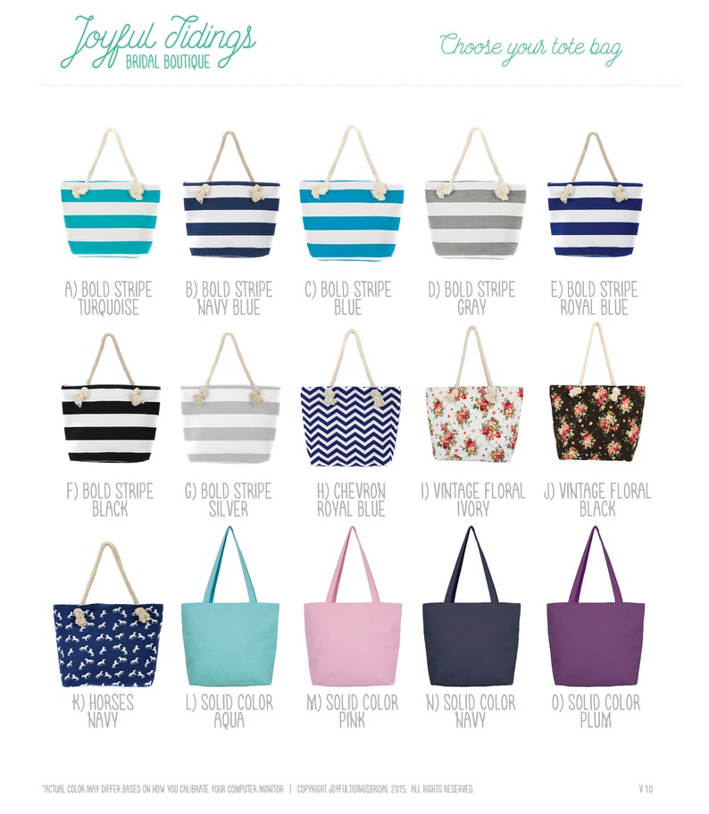 Puede incluir: Una selecci&oacute;n de 15 bolsas de mano diferentes con varios dise&ntilde;os y colores. Las bolsas est&aacute;n hechas de lona y tienen asas de cuerda. Los dise&ntilde;os incluyen rayas, patrones florales, patrones de chevron y colores s&oacute;lidos. Los colores incluyen turquesa, azul marino, gris, azul real, negro, plateado, marfil, aguamarina, rosa y ciruela.