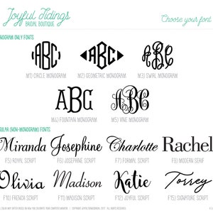 May include: A chart showing different font styles for monograms and regular text. The fonts are categorized as monogram only fonts and regular (non-monogram) fonts. The monogram fonts include circle, geometric, swirl, fountain, and vine. The regular fonts include royal script, Josephine script, formal script, modern serif, French script, Madison script, joyful script, and signature script.