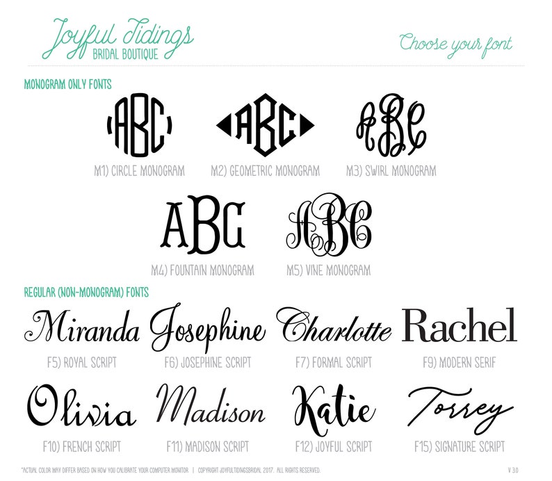 May include: A chart showing different font styles for monograms and regular text. The fonts are categorized as monogram only fonts and regular (non-monogram) fonts. The monogram fonts include circle, geometric, swirl, fountain, and vine. The regular fonts include royal script, Josephine script, formal script, modern serif, French script, Madison script, joyful script, and signature script.