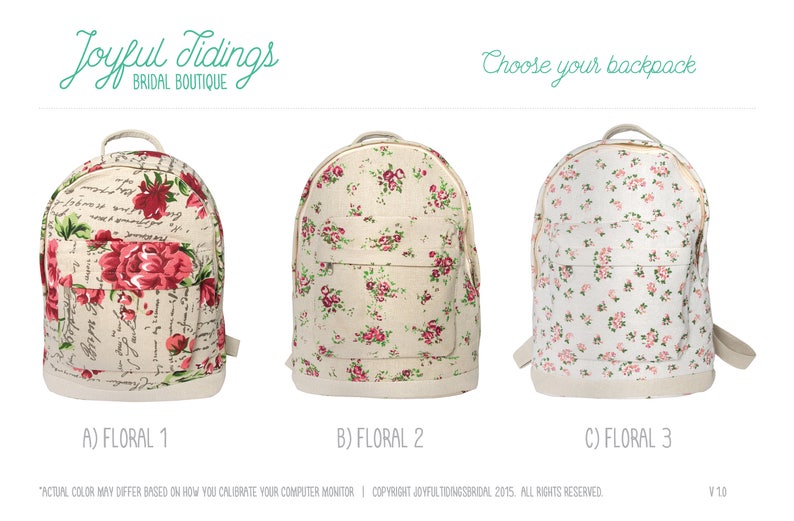 May include: Three canvas backpacks with floral patterns. The first backpack has a floral pattern with a red and white color scheme. The second backpack has a floral pattern with a pink and white color scheme. The third backpack has a floral pattern with a pink and white color scheme. The text "Choose your backpack" is at the top of the image.