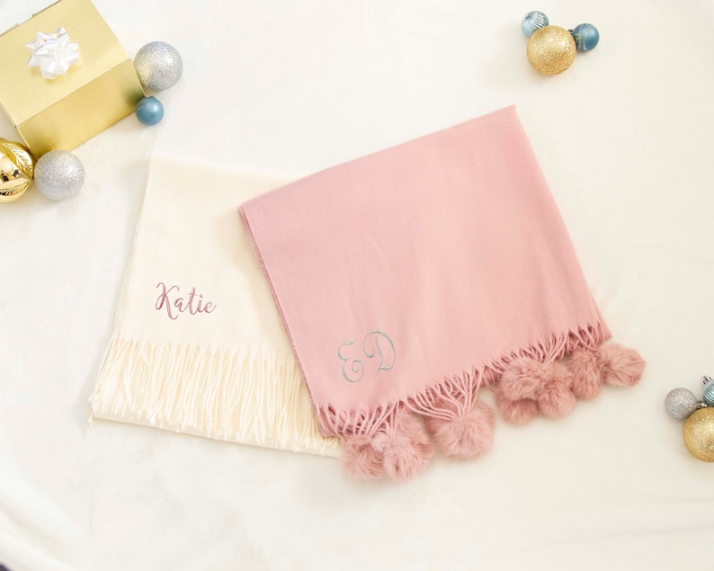 solid color tassel pom-pom balls scarf made from high-quality fabric embroidered name is the most meaningful valentine gift