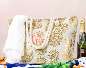Personalized Beach Tote Bag, Bride Tribe Gift, Bridesmaids Gift Bag, Bridal Party Bag, I Do Crew Gift, Custom Pineapple Tote, Palm Leaf Bag