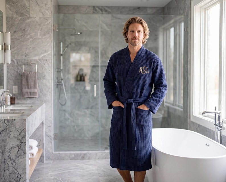 Personalized Waffle Robe for Men, Monogrammed Cotton Blend Bathrobe Navy Blue