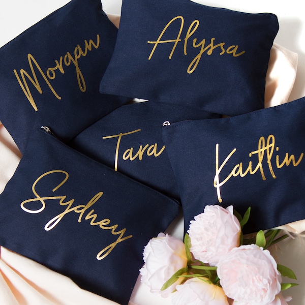 Bridesmaid Gift Cosmetic Bag, Makeup Brush Case, Handwritten Script Bridesmaid Canvas Makeup Holder, Wedding Bridal Gift, Custom Name Clutch