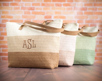 Personalized Bridesmaid Gift Tote Bag, Woven Straw Beach Tote Bag Set, Monogrammed Beach Bag for Her, Tan Shoulder Bag, Boat Bag with Zipper