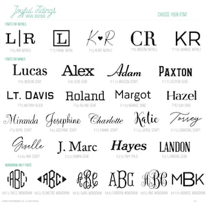 May include: A selection of fonts for initials, names, and monograms, displayed on a white background. The fonts include various styles such as serif, script, and sans-serif. The text "Joyful Tidings Bridal Boutique" is at the top.