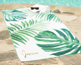 Personalized Quick Dry Beach Towel, Pool Gift for Mom, Mother's Day Beach Gift, Palm Leaf Tropical Vacation Gift, Girl's Trip Favor