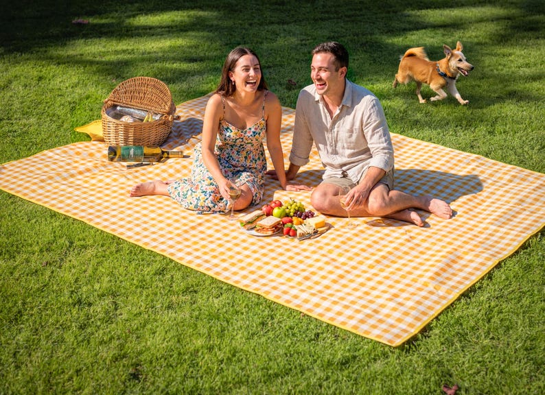 Puede incluir: Escena de picnic sobre una manta a cuadros amarilla y blanca. Una pareja est&aacute; sentada en la manta, disfrutando de comida y bebida. Tambi&eacute;n hay una cesta de mimbre y un perro, lo que sugiere una comida relajante al aire libre.