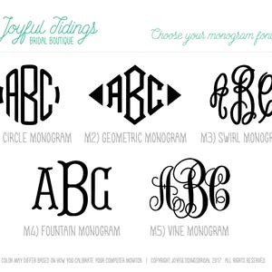 May include: Five different monogram font styles are shown: Circle, Geometric, Swirl, Fountain, and Vine. Each style is displayed with the letters ABC.
