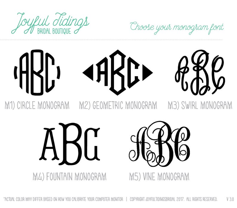 May include: Five different monogram font styles are shown: Circle, Geometric, Swirl, Fountain, and Vine. Each style is displayed with the letters ABC.
