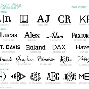 May include: A chart showing different font styles for initials and names. The fonts are categorized as "Fonts for Initials" and "Fonts for Names". The chart also includes a section for "Monogram Only Fonts".