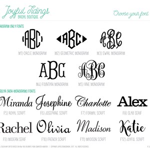 May include: A chart showing different font styles for monograms and regular text. The chart includes a variety of script, serif, and sans-serif fonts. The fonts are labeled with their names and numbers.
