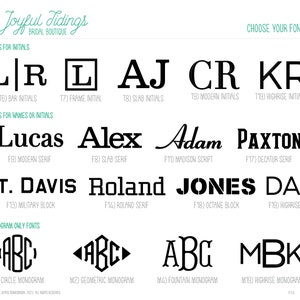 May include: A graphic showing different font styles for initials and names. The fonts are labelled with numbers and names, such as "Bar Initials", "Slab Serif", and "Military Block". There are also monogram fonts labelled "Circle Monogram", "Geometric Monogram", "Fountain Monogram", and "Highrise Monogram".