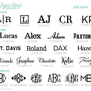 May include: A chart showing different font styles for initials and names. The fonts are labeled with numbers and names. The chart is titled "Joyful Tidings Bridal Boutique Choose Your Font".