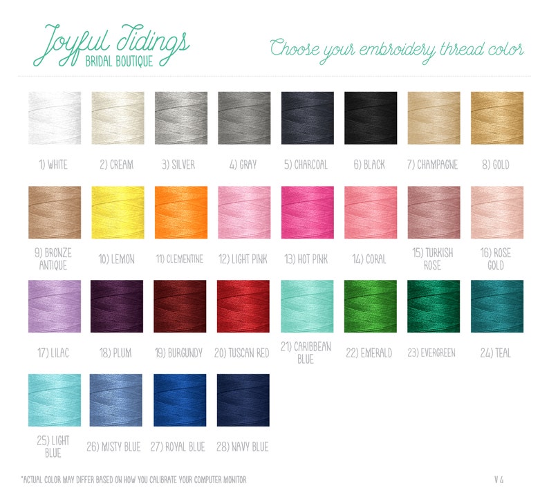 May include: A chart showing 28 different embroidery thread colors. The colors are arranged in rows of four. The colors include white, cream, silver, gray, charcoal, black, champagne, gold, bronze antique, lemon, clementine, light pink, hot pink, coral, Turkish rose, rose gold, lilac, plum, burgundy, Tuscan red, Caribbean blue, emerald, evergreen, teal, light blue, misty blue, royal blue, and navy blue.