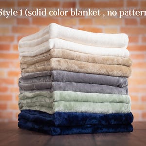 May include: A stack of eight solid color fleece blankets in various colors, including white, beige, gray, green, and navy blue.  Style 1 (solid color blanket, no pattern).