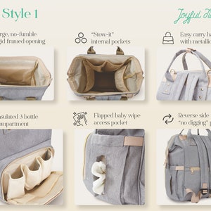 May include: A gray backpack with a rigid framed opening, internal pockets, and metallic accents. Features include an insulated three-bottle compartment, a flapped baby wipe access pocket, and a reverse side pocket. Text includes Bag Style 1 and Joyful Tidings.