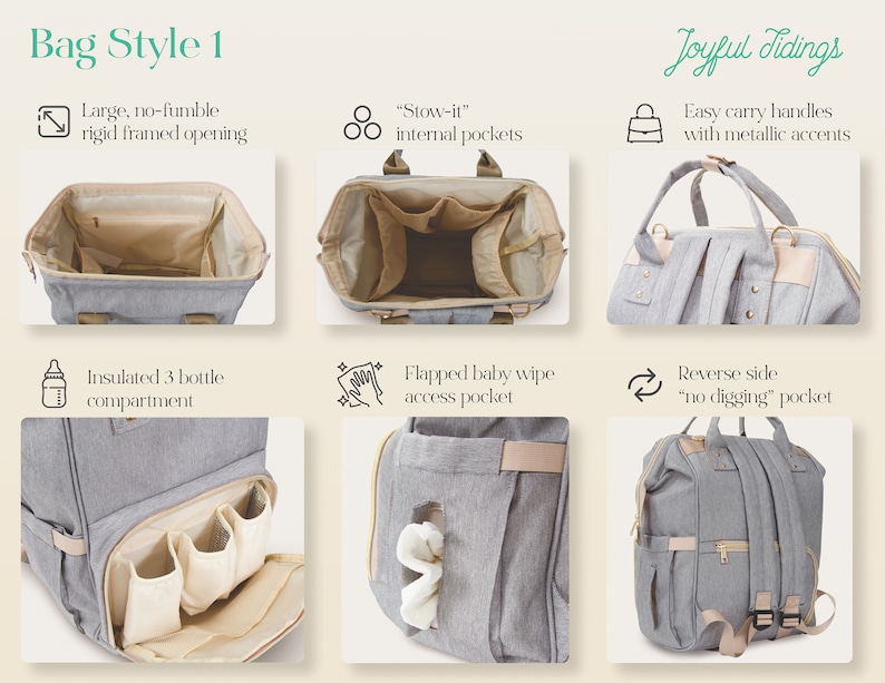 May include: A gray backpack with a rigid framed opening, internal pockets, and metallic accents. Features include an insulated three-bottle compartment, a flapped baby wipe access pocket, and a reverse side pocket. Text includes Bag Style 1 and Joyful Tidings.