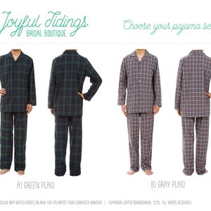 May include: Two pairs of pajamas, one green plaid and one gray plaid, are shown on mannequins. The text "Choose your pajama set" is above the mannequins. The text "A) GREEN PLAID" is below the green plaid pajamas and the text "B) GRAY PLAID" is below the gray plaid pajamas.