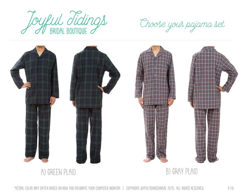 May include: Two pairs of pajamas, one green plaid and one gray plaid, are shown on mannequins. The text "Choose your pajama set" is above the mannequins. The text "A) GREEN PLAID" is below the green plaid pajamas and the text "B) GRAY PLAID" is below the gray plaid pajamas.