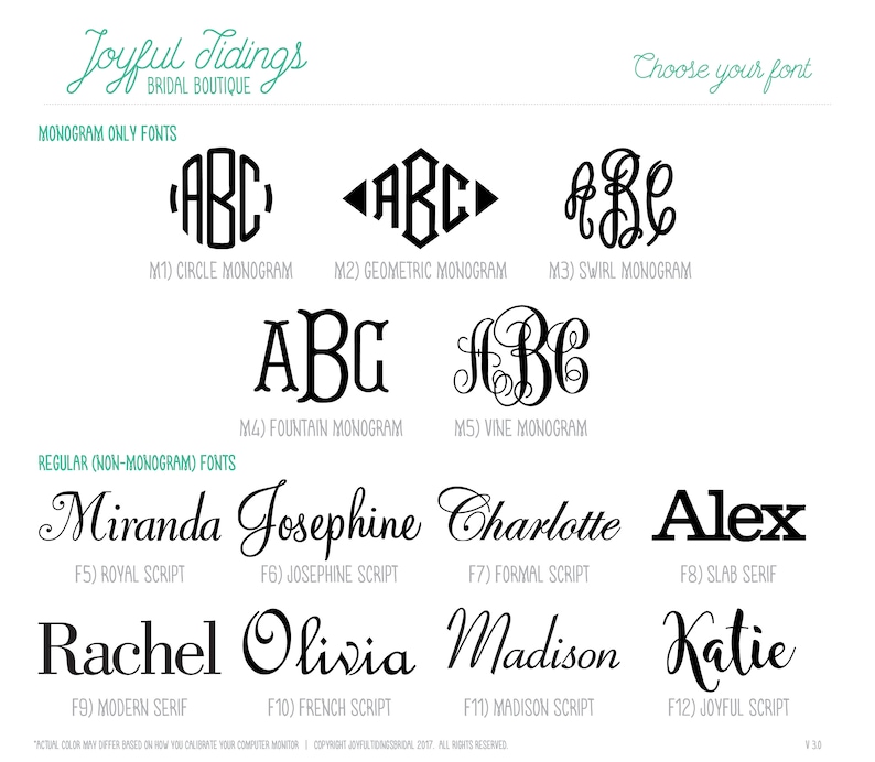 May include: A chart showing different font styles for monograms and regular text. The chart includes a variety of script, serif, and sans-serif fonts. The fonts are labeled with their names and numbers.