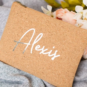 Personalized Cork Bag for Bridesmaid Gift Set, Natural Cork Cosmetic Bag, Custom Name Graduation Present, Cork Makeup Case Graduation Gift