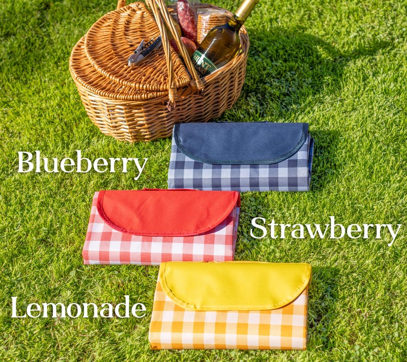 Puede incluir: Una cesta de picnic con una botella de vino y comida sobre hierba verde. Se muestran tres mantas de picnic plegadas: Blueberry (a cuadros azules y blancos), Strawberry (a cuadros rojos y blancos) y Lemonade (a cuadros amarillos y blancos).
