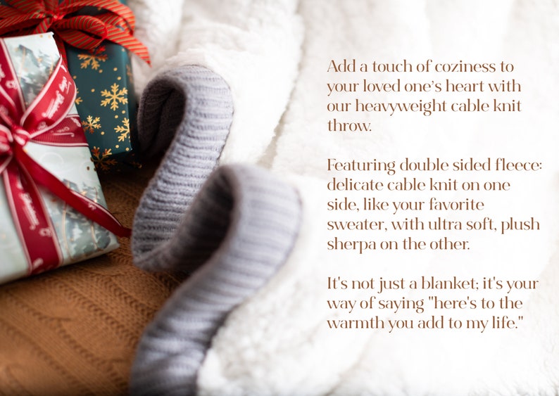 May include: A close-up of a cozy, double-sided fleece throw. One side features a delicate cable knit, the other a plush sherpa. The throw is gray and white, with gift-wrapped presents in the background. Text on the image reads: "Add a touch of coziness..."