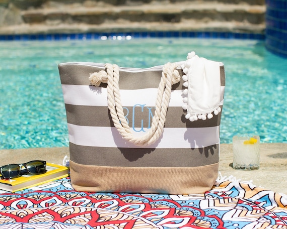 Beach Bag, Large Striped Beach Bag, Monogram Beach Bag, Canvas Summer Tote  Bag, Monogrammed Beach Tote, Pool Tote, Pool Bag, Monogram Tote