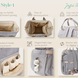 May include: A gray diaper bag with multiple pockets and compartments. The bag has a large, rigid opening, insulated bottle compartments, a zippered pocket, and a flap for baby wipes. The bag has easy-carry handles with metallic accents and a reverse side pocket.
