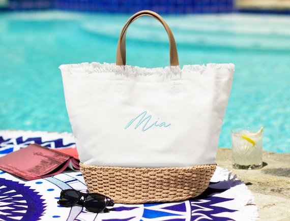 Bridesmaid Gift Personalized Beach Tote Bag, Custom Bridesmaid Handbag, Bridal Shower Welcome, Canvas Straw Beach Bag, Bridal Gift Ideas