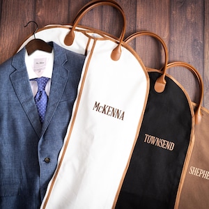 Groomsmen Gift Custom Name Suit Bag, Leather Handle Garment Bag, Gift for Groomsmen, Father of Groom, Canvas Suit Bag, Monogrammed Suit Bag bild 2