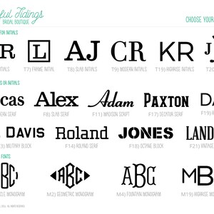 May include: A chart displaying various font styles for initials and names. The fonts are categorised as "Fonts/Styles for Initials", "Fonts for Names or Initials", and "Monogram Only Fonts".