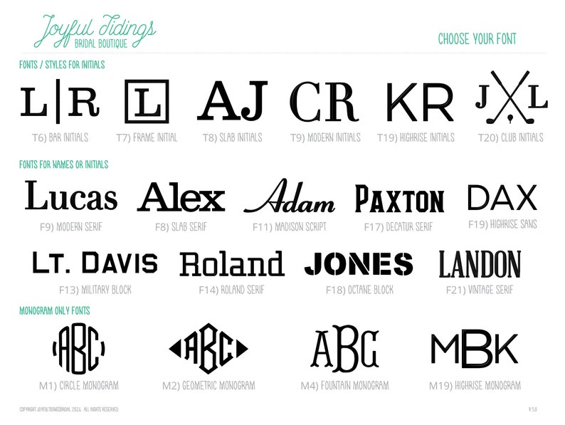 May include: A chart displaying various font styles for initials and names. The fonts are categorised as "Fonts/Styles for Initials", "Fonts for Names or Initials", and "Monogram Only Fonts".