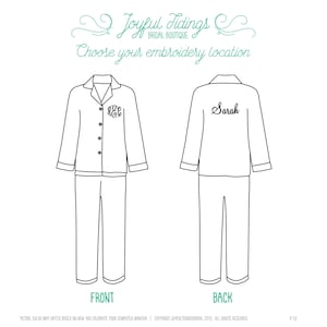 May include: A black and white line drawing of pajamas with two embroidery locations marked. The front of the pajamas has the text "K.E.L." and the back has the text "Sarah".