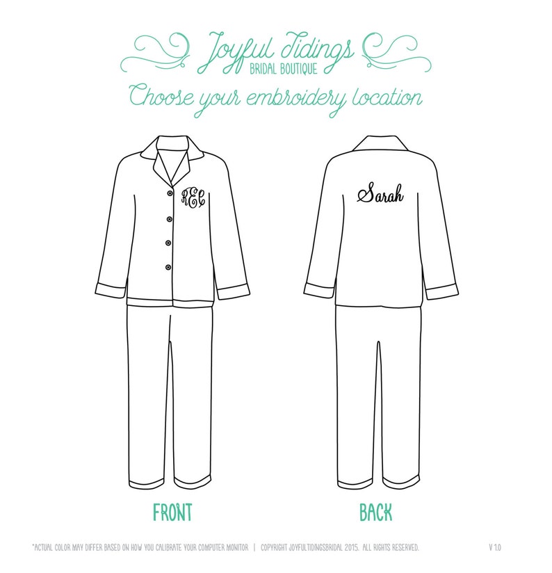 May include: A black and white line drawing of pajamas with two embroidery locations marked. The front of the pajamas has the text "K.E.L." and the back has the text "Sarah".