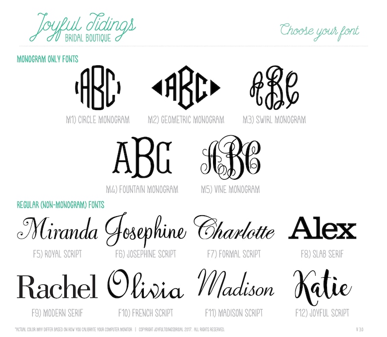 May include: A chart showing different font styles for monograms and regular text. The fonts are categorized as monogram only fonts and regular (non-monogram) fonts. The monogram fonts include circle, geometric, swirl, fountain, and vine. The regular fonts include royal script, josephine script, formal script, slab serif, modern serif, french script, madison script, and joyful script.