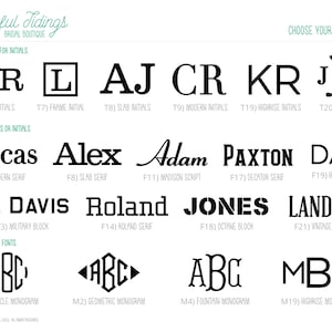 May include: A chart showing different font styles for initials and names. The fonts are categorized as "Fonts/Styles for Initials", "Fonts for Names or Initials", and "Monogram Only Fonts".