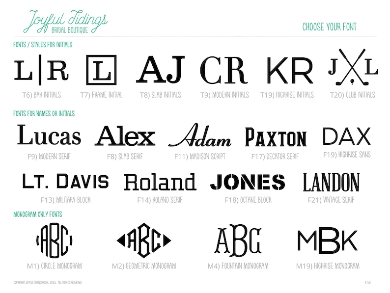 May include: A chart showing different font styles for initials and names. The fonts are categorized as "Fonts/Styles for Initials", "Fonts for Names or Initials", and "Monogram Only Fonts".