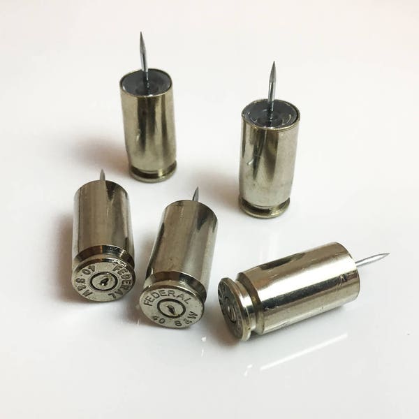 Bullet Gifts / Silver Bullet Push Pins / (5) Bullet Thumb Tacks / Handmade Using Recycled .40 Caliber Bullet Casings