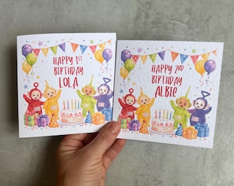 Tarjeta de cumpleaños personalizada con temática de Tubbies.