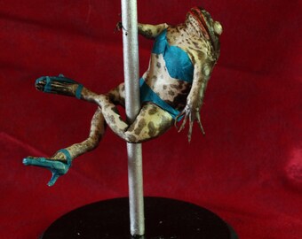 taxidermie grenouille  Strip-teaseuse  en talon  taxidermy frog  pole dance sexy curiosité oditties