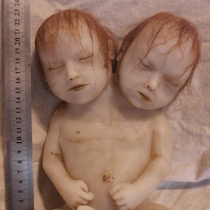 Peut inclure: Une poupée en silicone réaliste avec deux têtes, toutes deux avec les yeux fermés et des cheveux brun rougeâtre. La poupée est assise les jambes croisées et les bras croisés devant la poitrine.