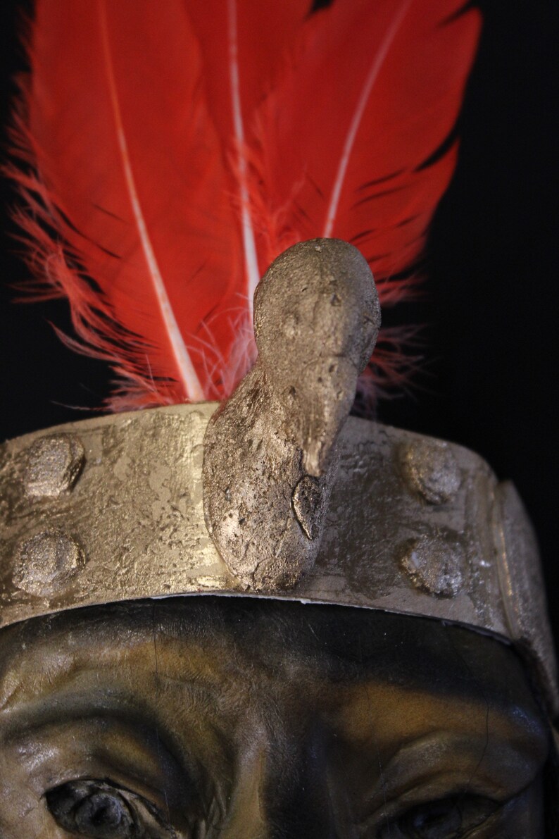 May include: A close-up of a silver headband with a textured surface and a large, gray, textured, bird-shaped ornament. The headband is topped with a red feather plume.